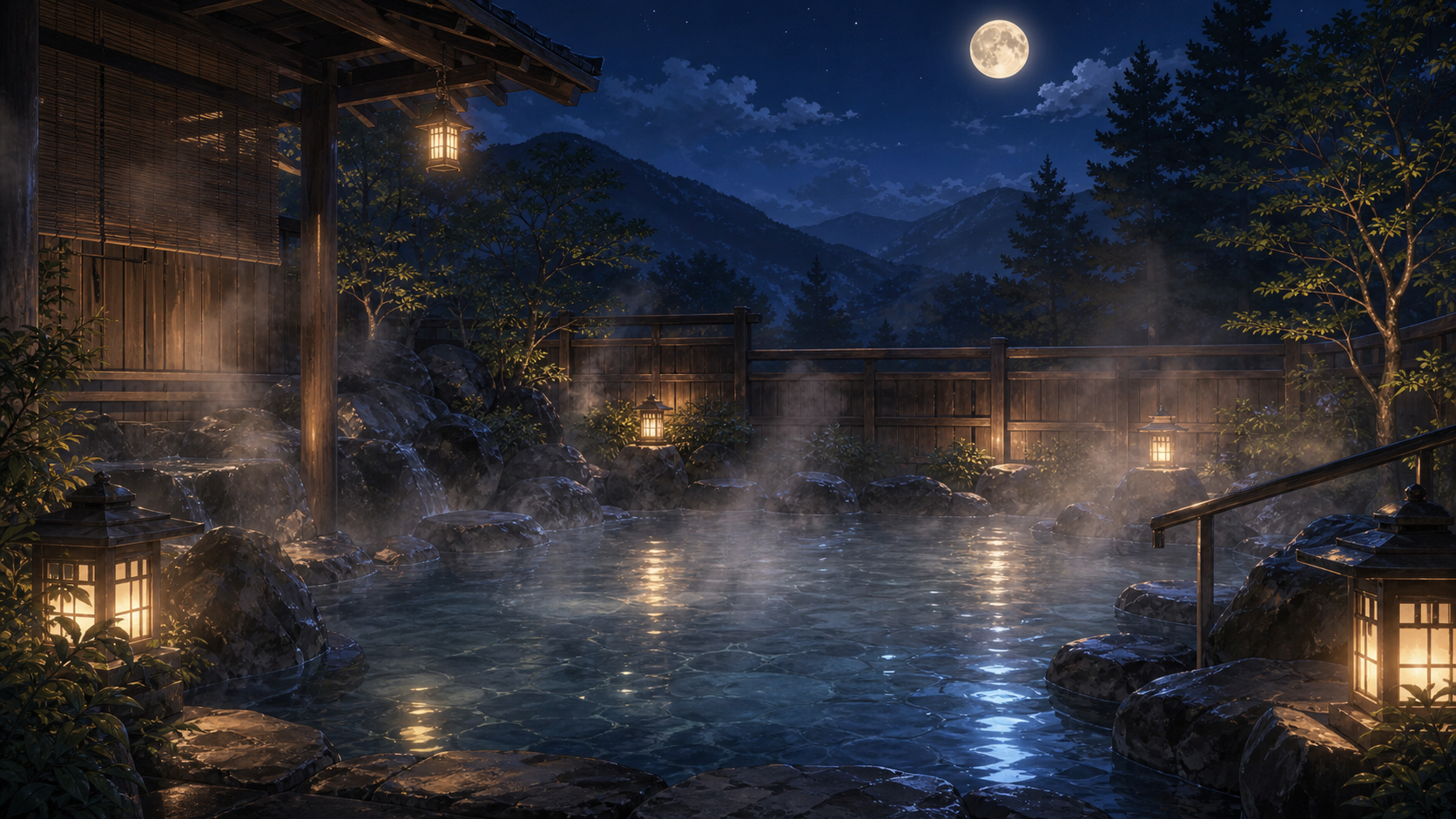 outdoor hot spring bath at night