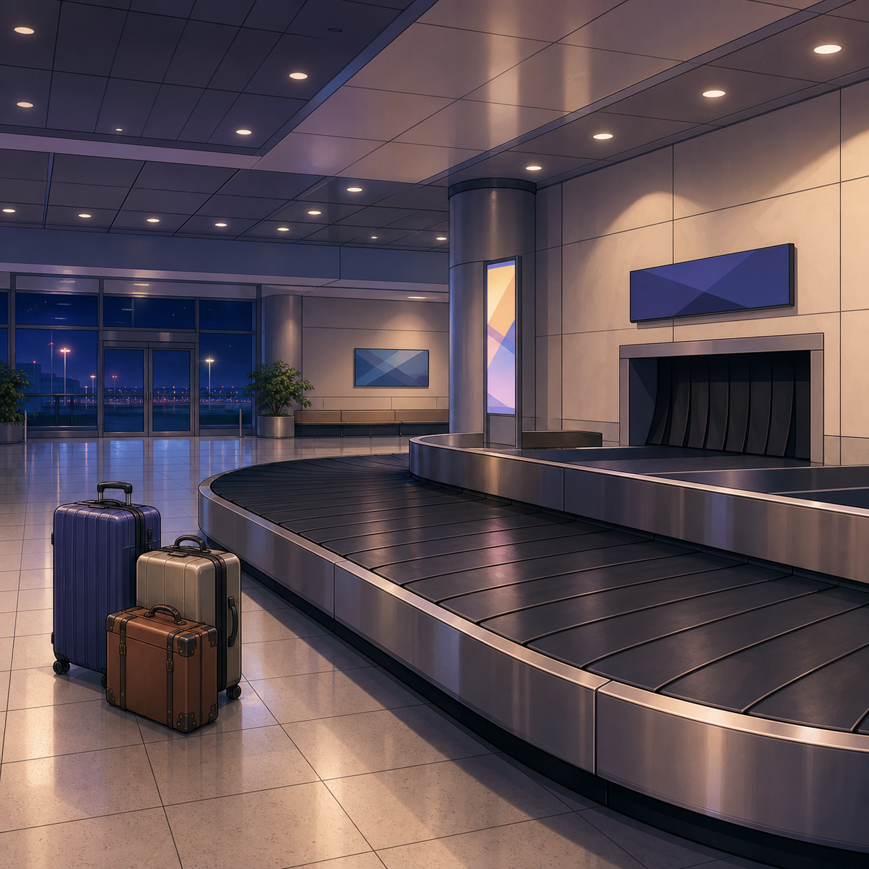 airport baggage claim area anime background