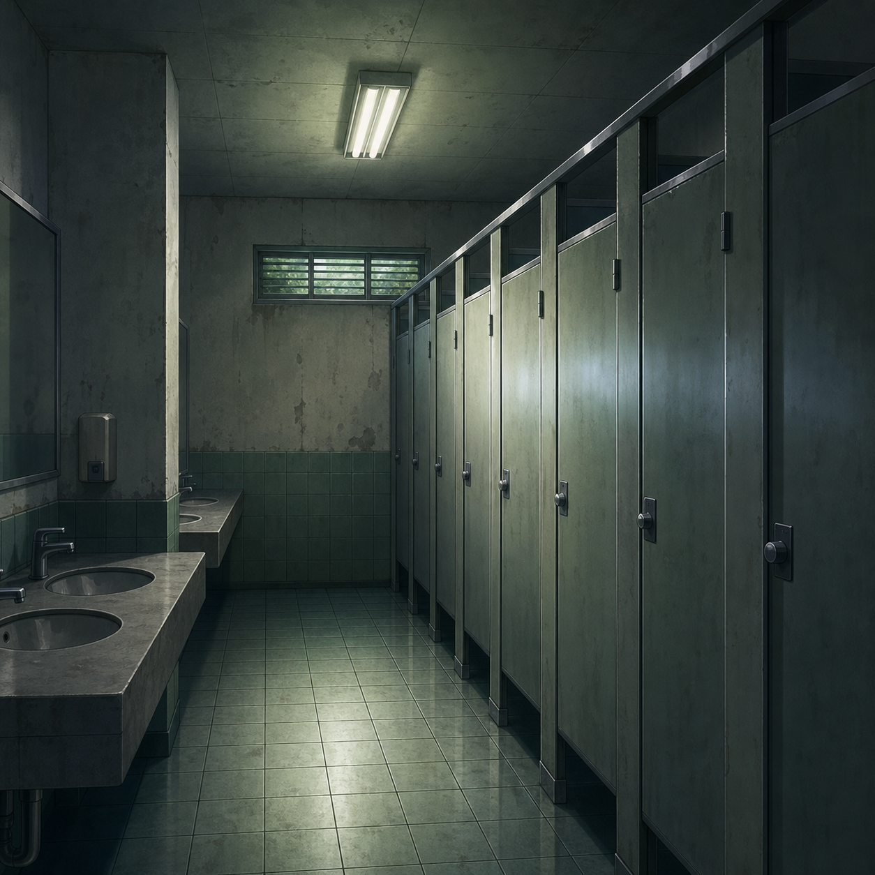 dim public restroom interior