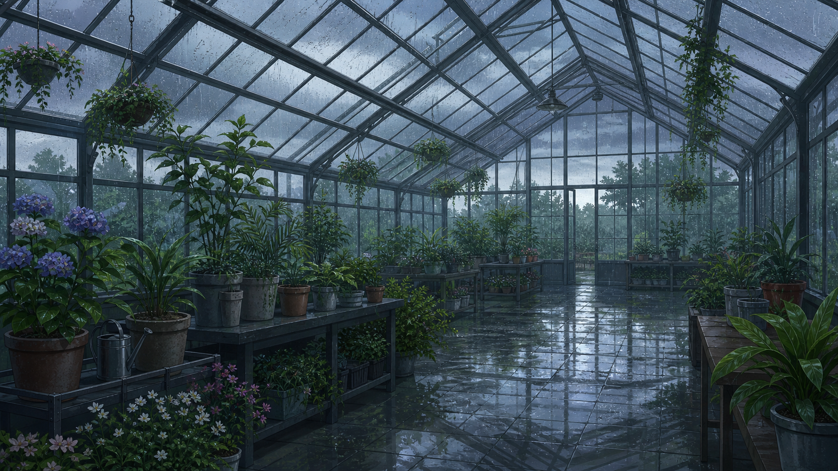 rainy greenhouse interior