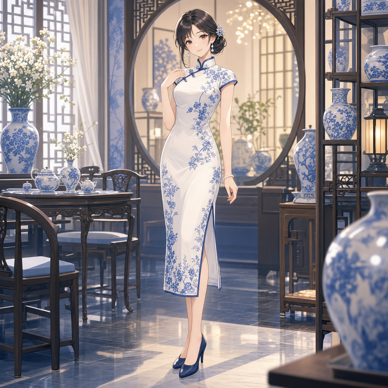 blue porcelain qipao dress
