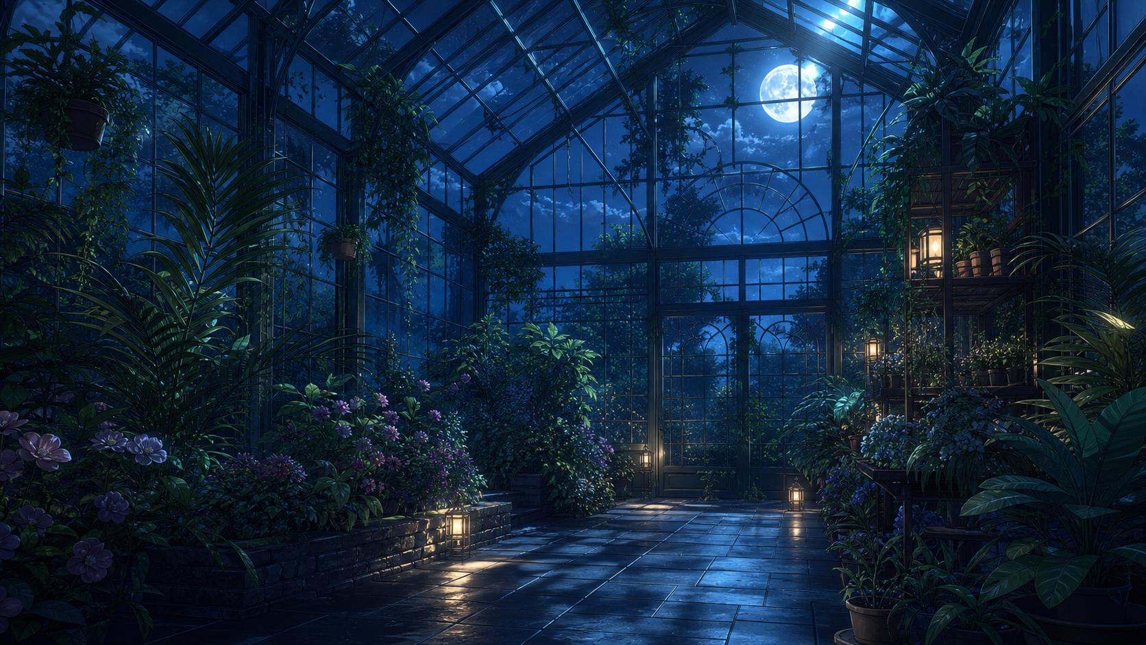 night greenhouse with moonlight