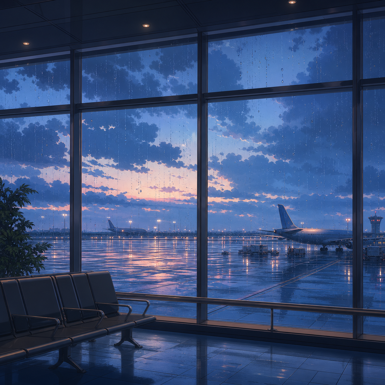 rainy airport runway window anime background