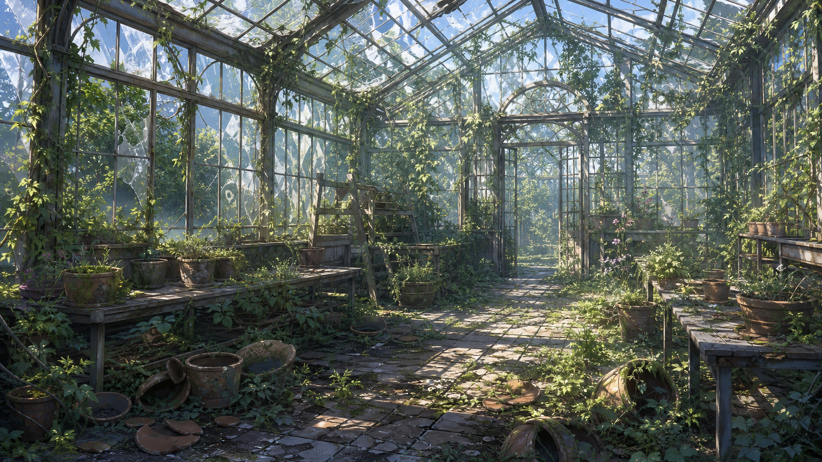 abandoned glass greenhouse