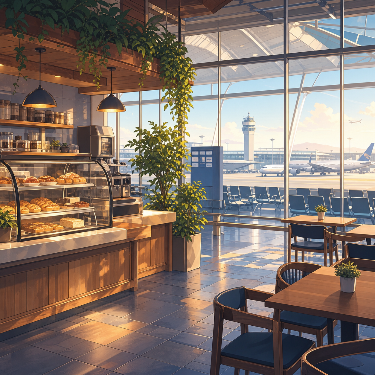airport terminal cafe anime background