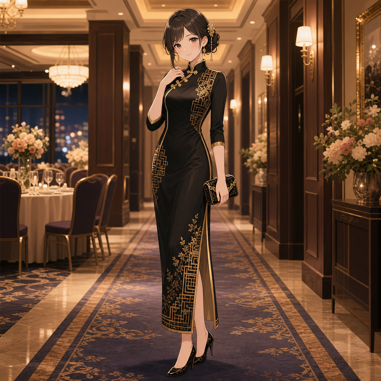 black gold qipao party dress