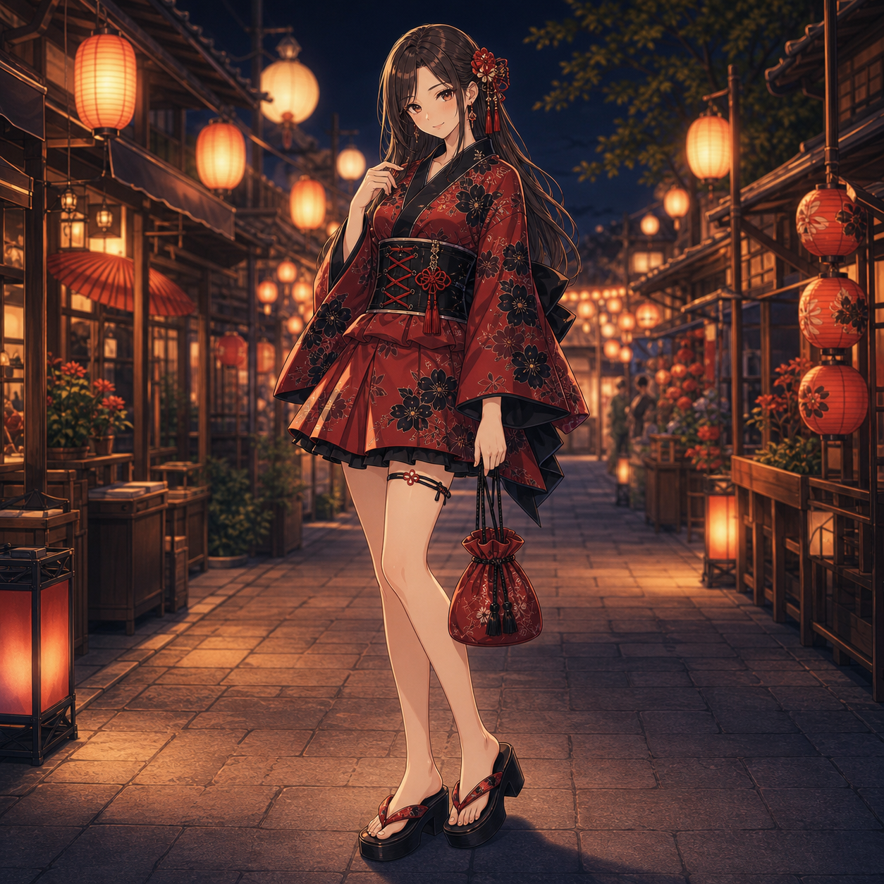 crimson lace up mini yukata