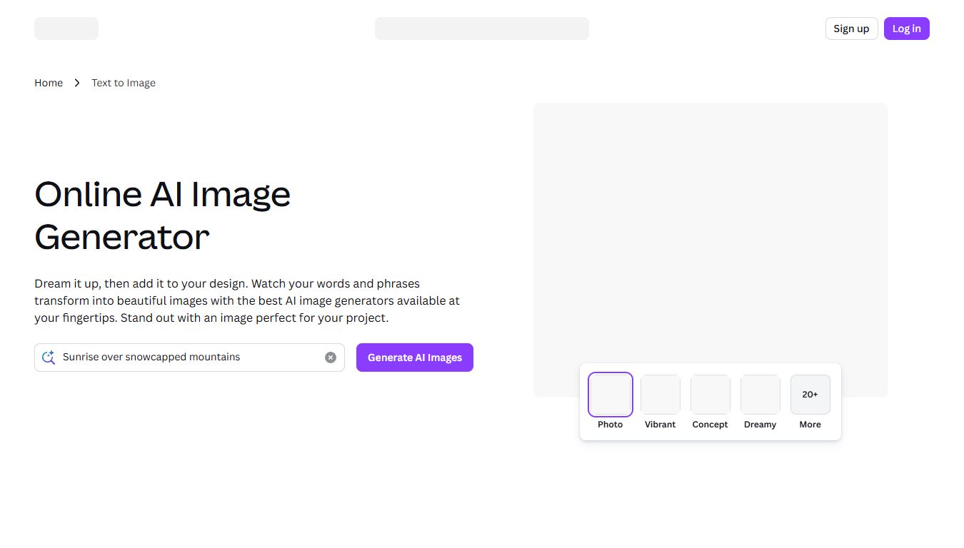 Canva AI Image Generatorのトップページ