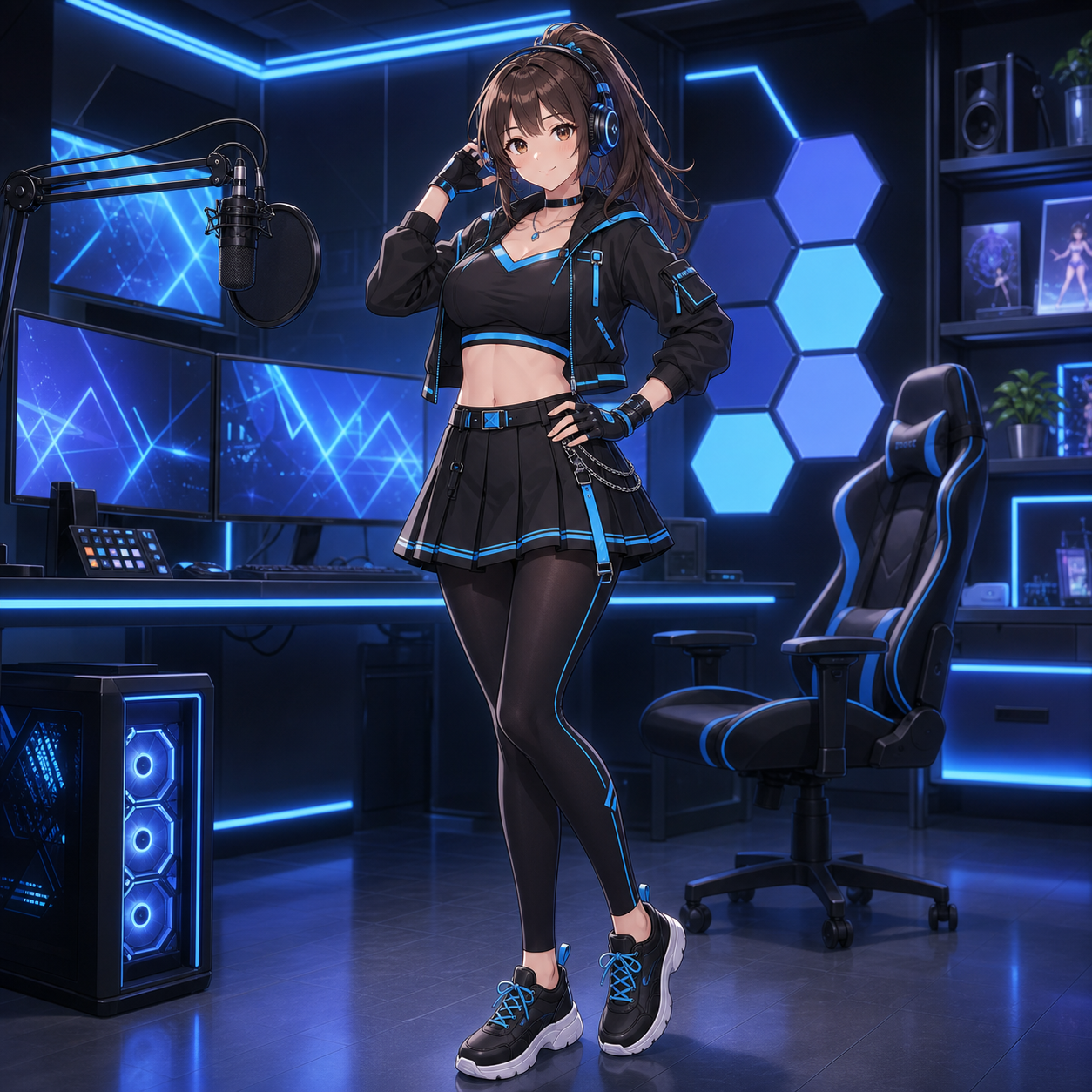 black neon blue streaming outfit