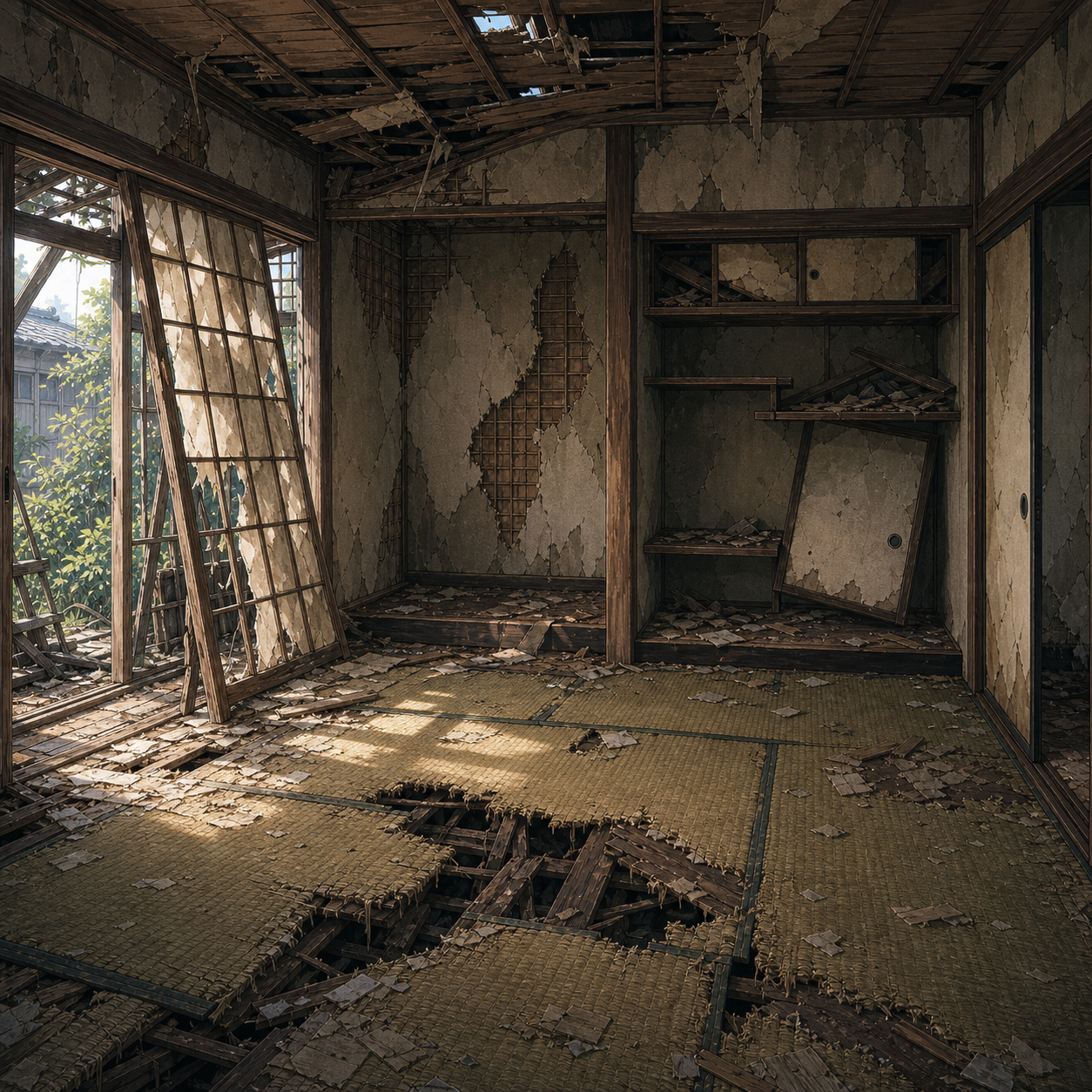 decaying tatami room inside an abandoned house