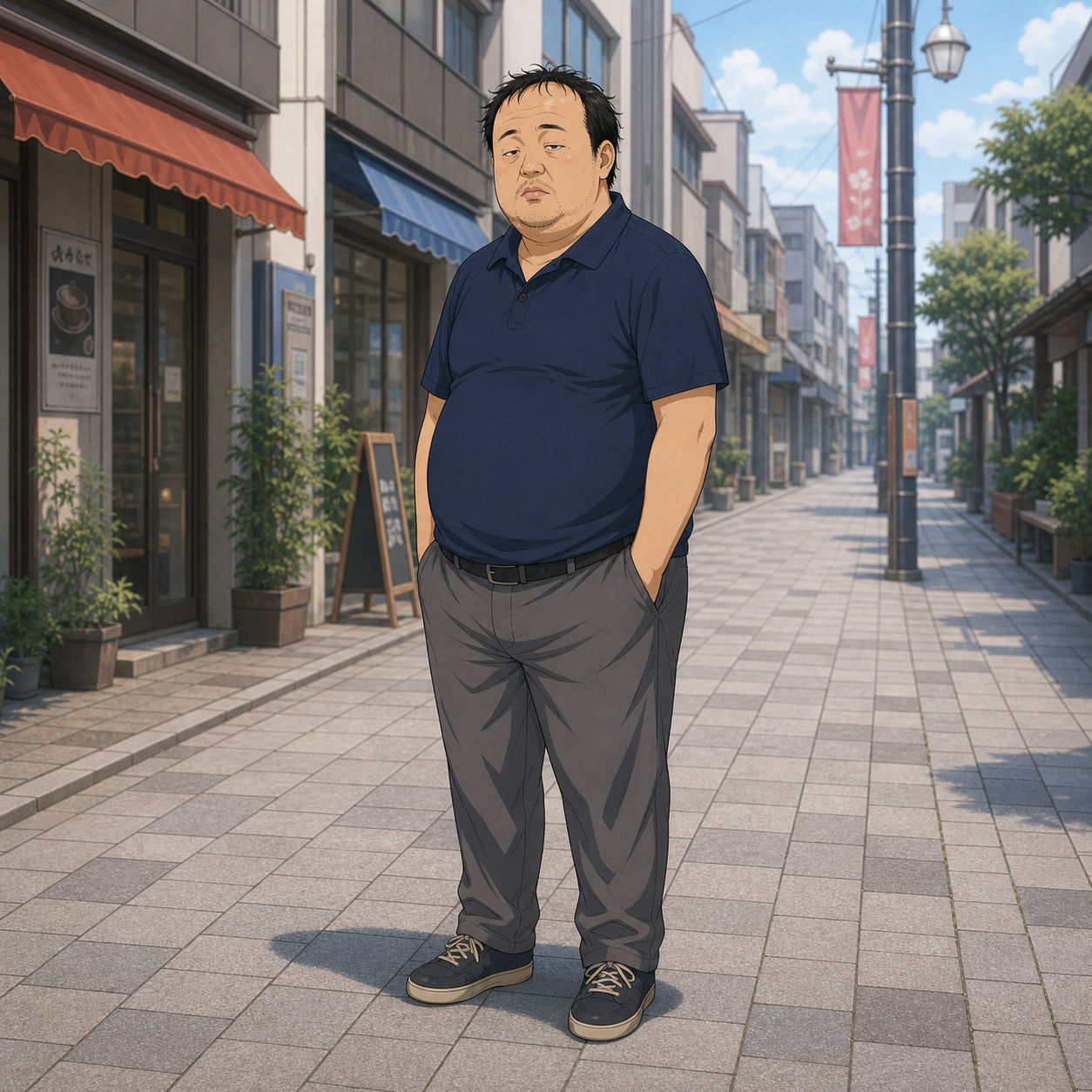round-faced overweight man with a double chin
