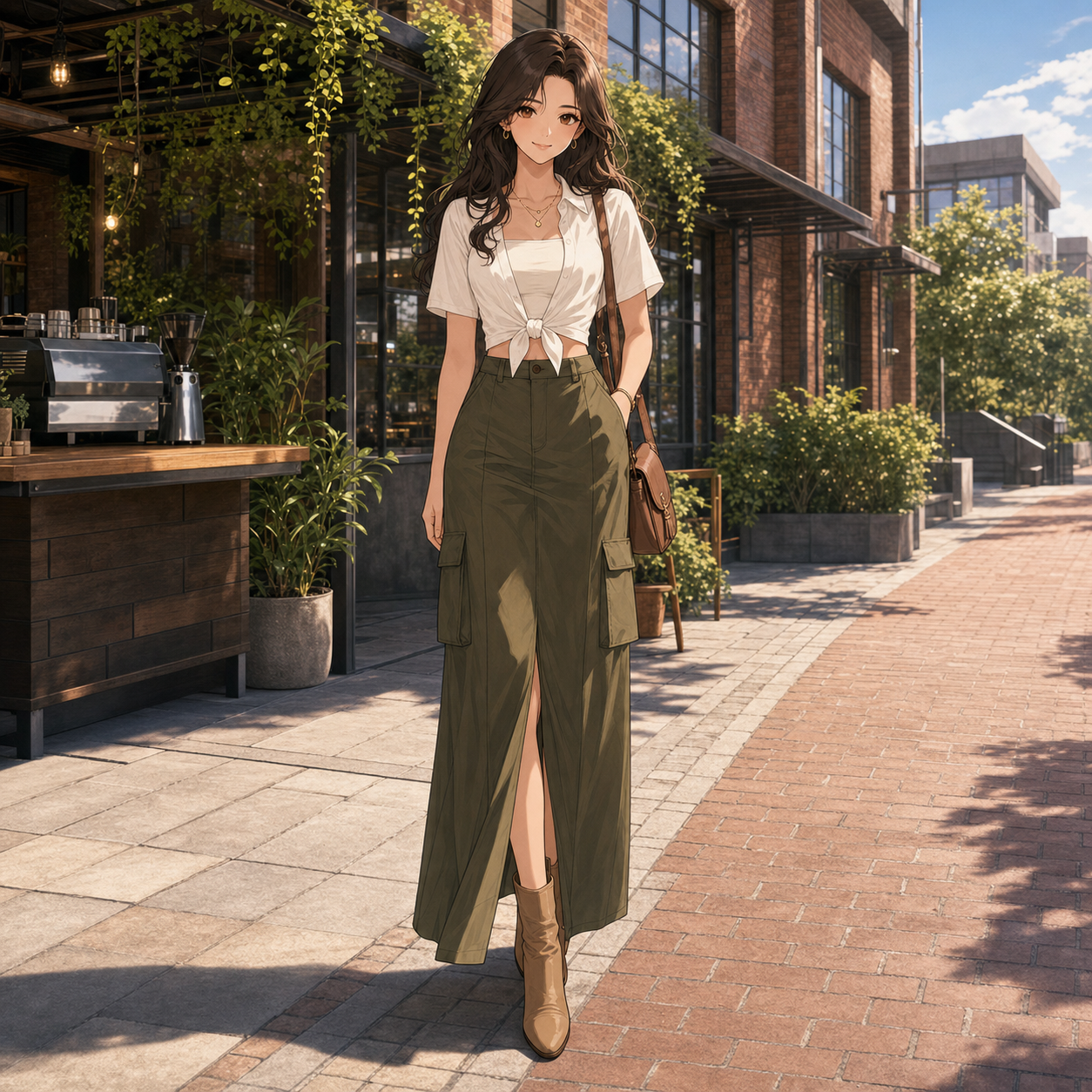 ivory tie-front crop shirt and cargo maxi skirt outfit