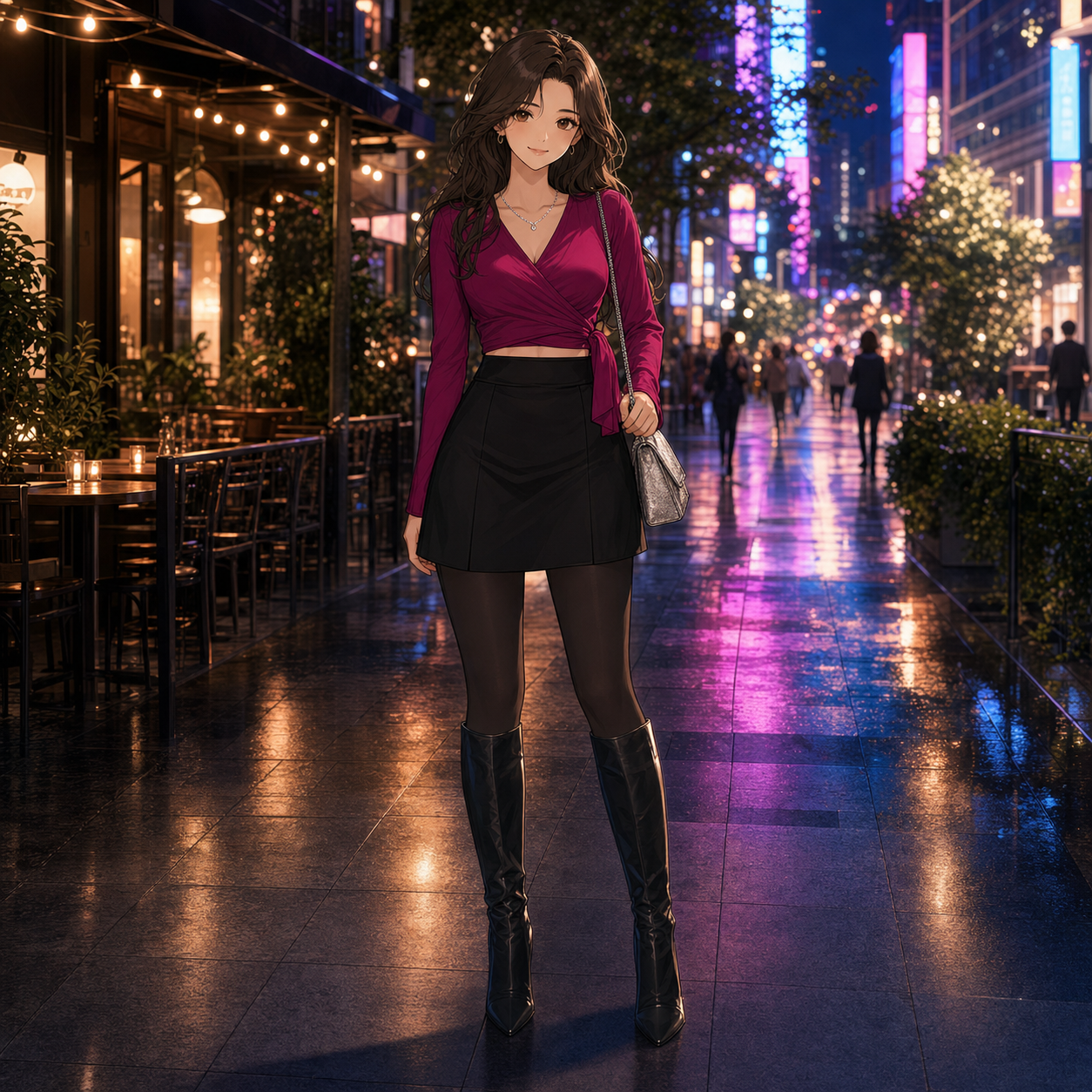 magenta wrap crop top and black mini skirt outfit