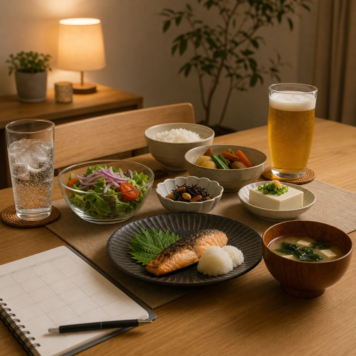 夕食の食卓にノンアルコール飲料と水を用意した休肝日のイメージ