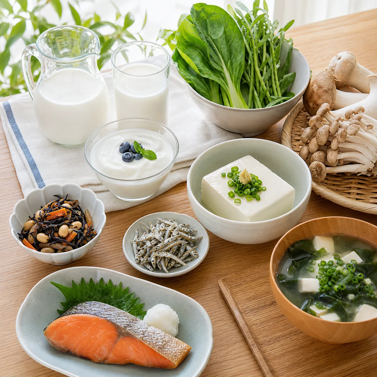 牛乳、小魚、豆腐、きのこを並べた骨の健康を支える食卓