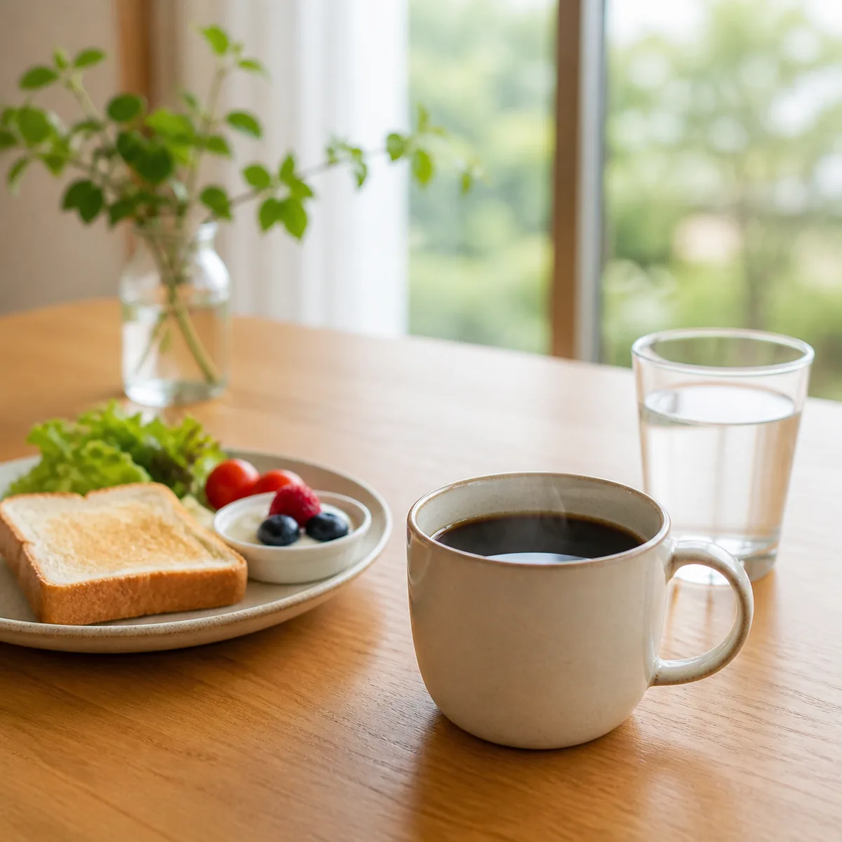 朝食と一緒にコーヒーと水を楽しむイメージ
