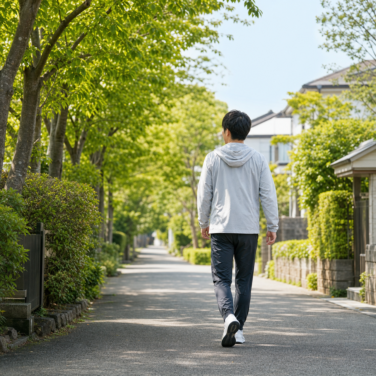 緑のある道で無理なく歩く習慣を始めるイメージ