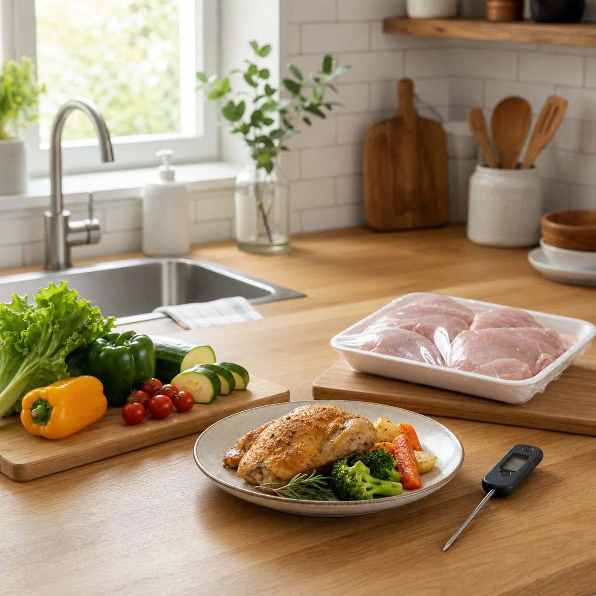 家庭の台所で生肉と野菜を分け、温度計を用意した食中毒予防のイメージ