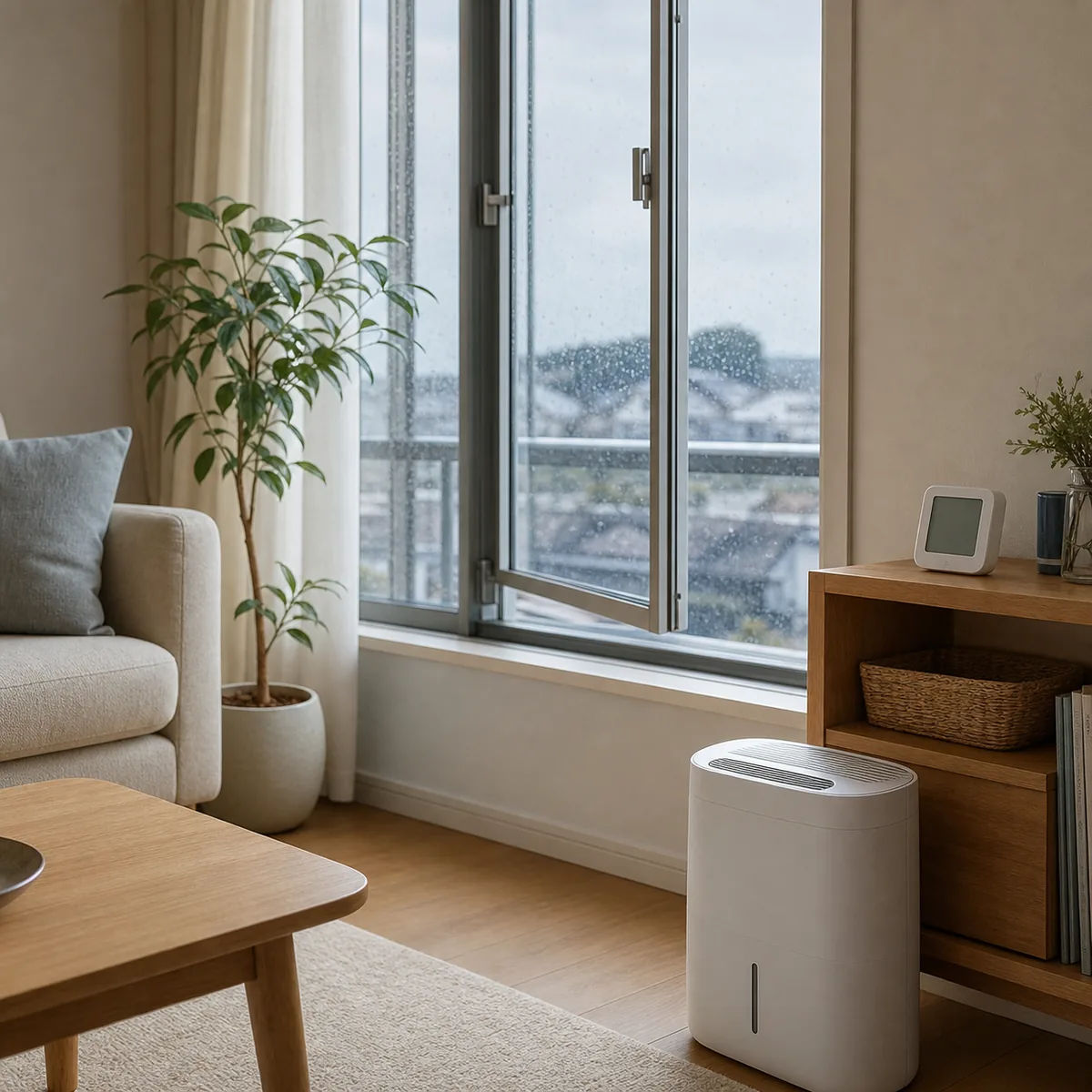雨の日の部屋で温湿度計と除湿機を使いカビを予防するイメージ