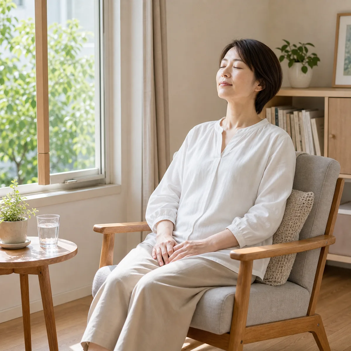 窓辺で短い休憩を取り呼吸を整えるイメージ