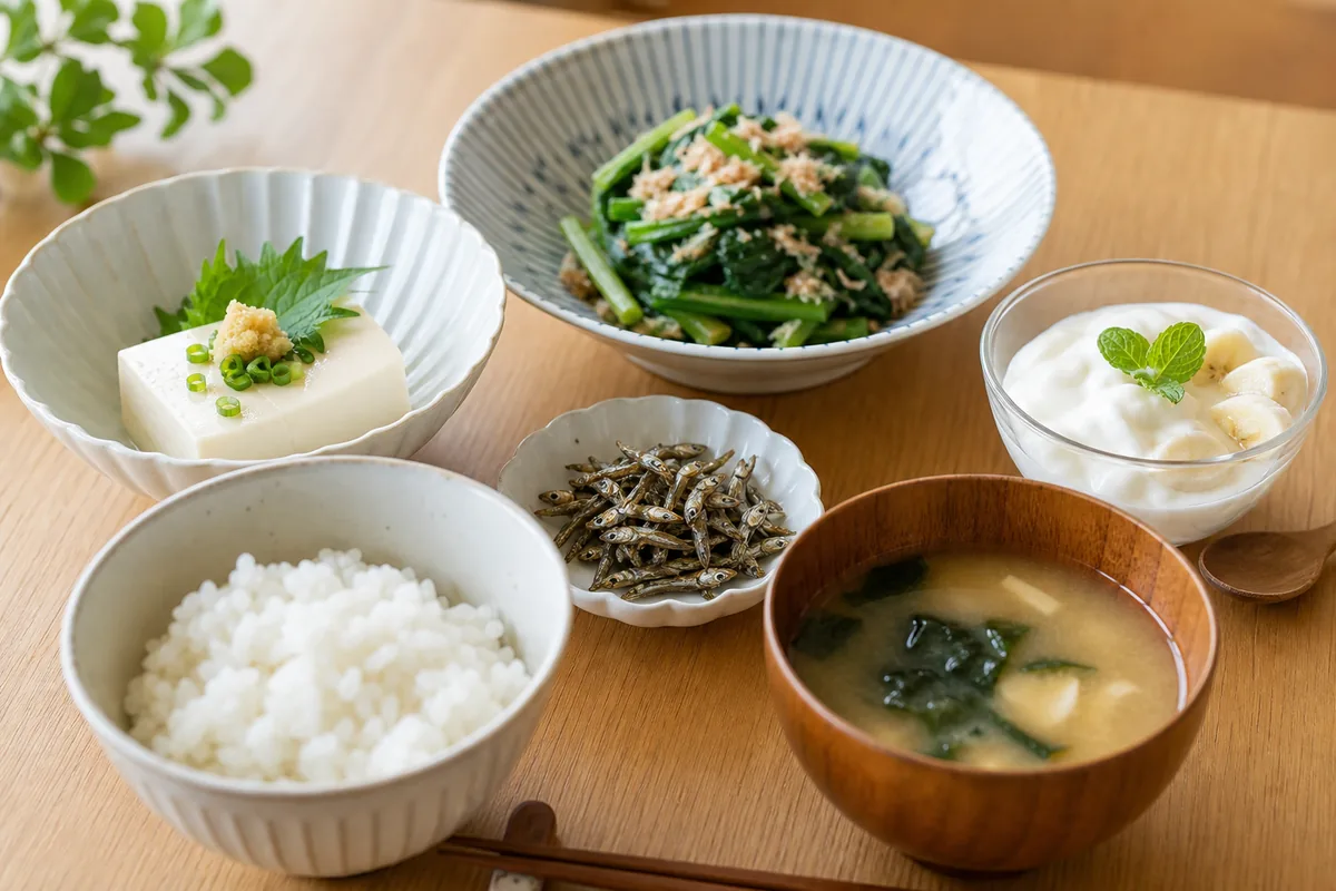 牛乳、小魚、豆腐、青菜を使ったカルシウムを意識した食事
