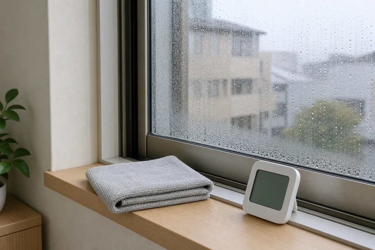 雨の日の窓辺で結露と湿度を確認する様子