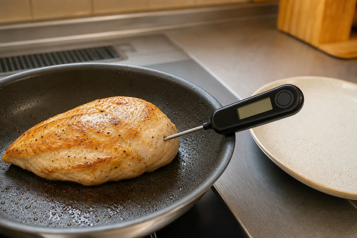 鶏肉の中心温度をデジタル温度計で確認する様子