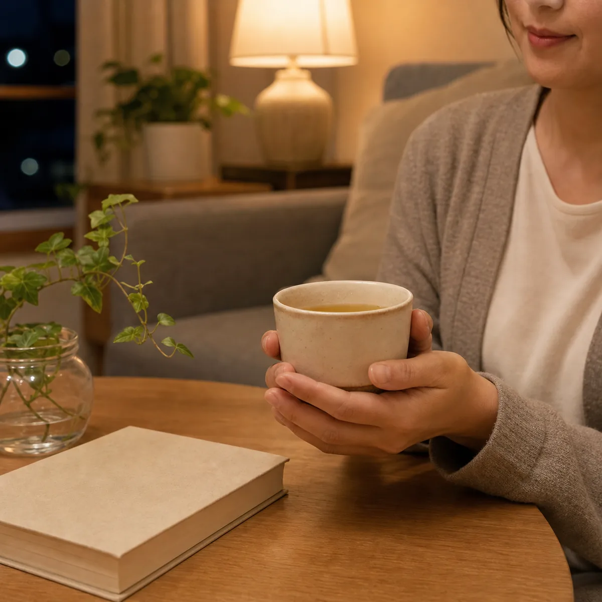 夜にカフェインを含まない温かい飲み物を楽しむイメージ