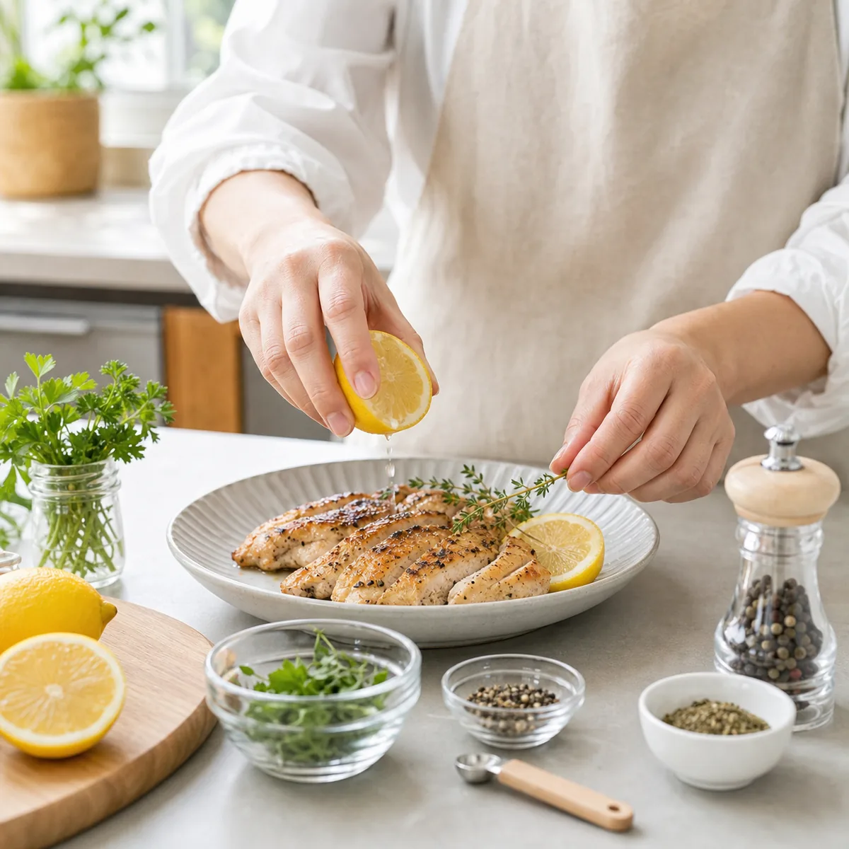 レモンや香辛料で料理の風味を整えるイメージ