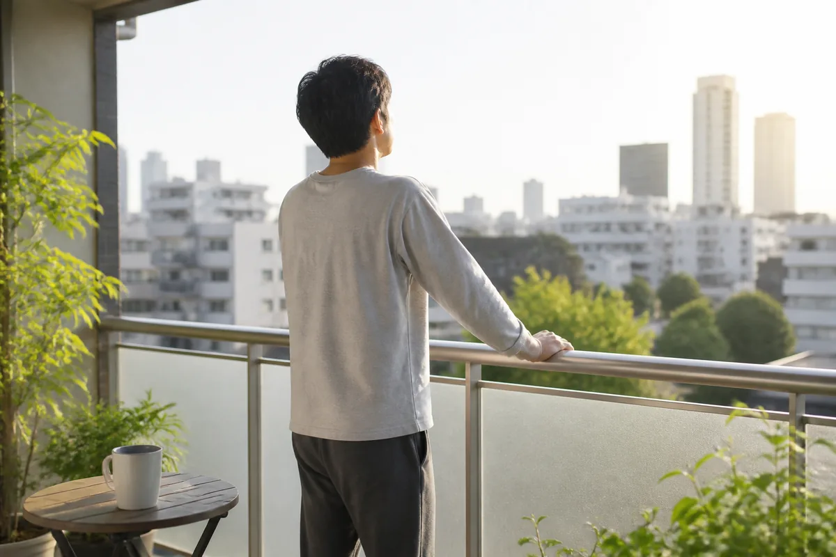 朝のベランダで外の光を浴びながら深呼吸する生活シーン