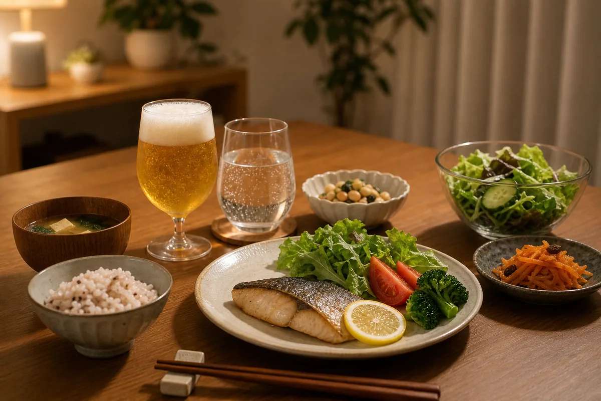 夕食にノンアルコール飲料と水を並べた食卓