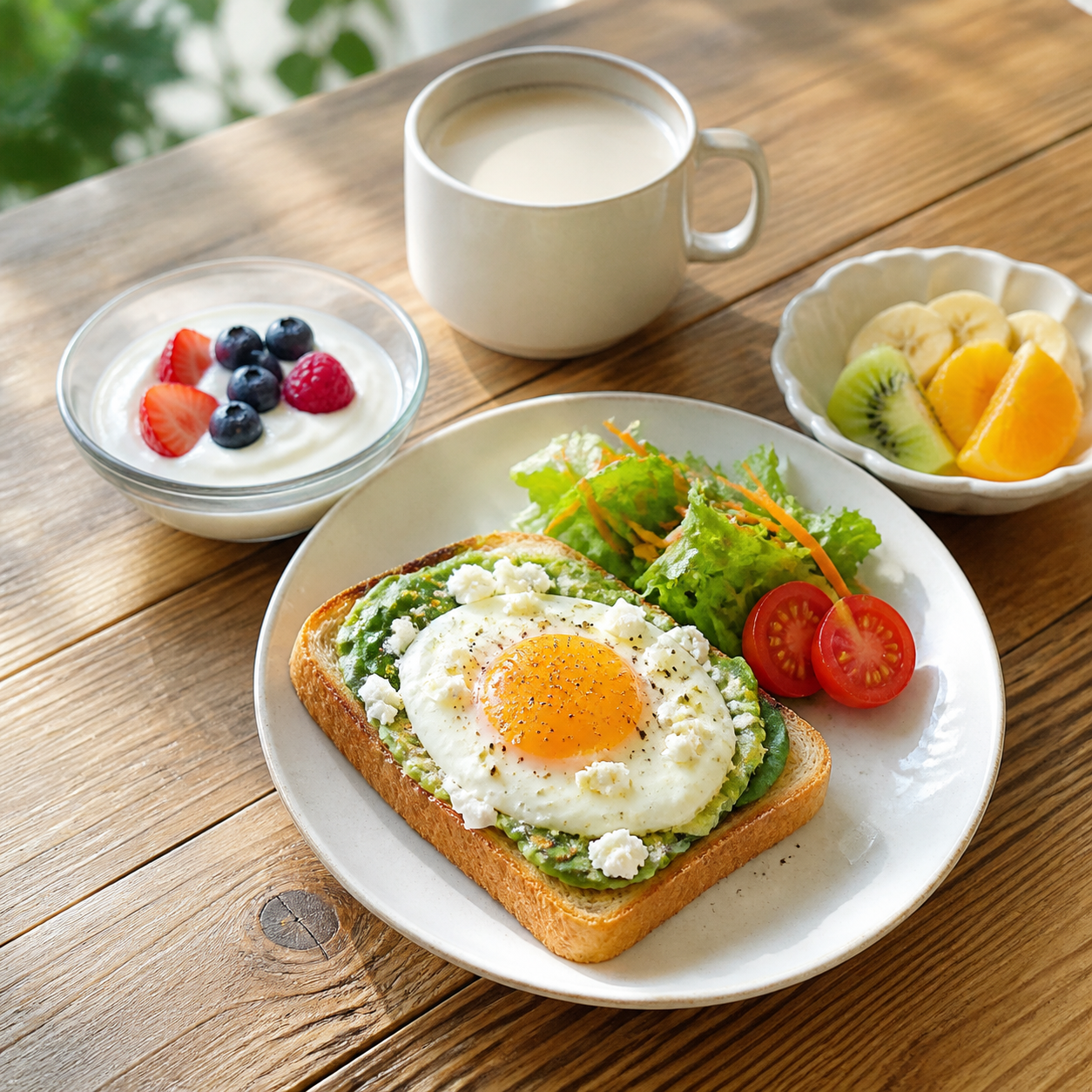 卵やヨーグルトを添えた朝食のイメージ