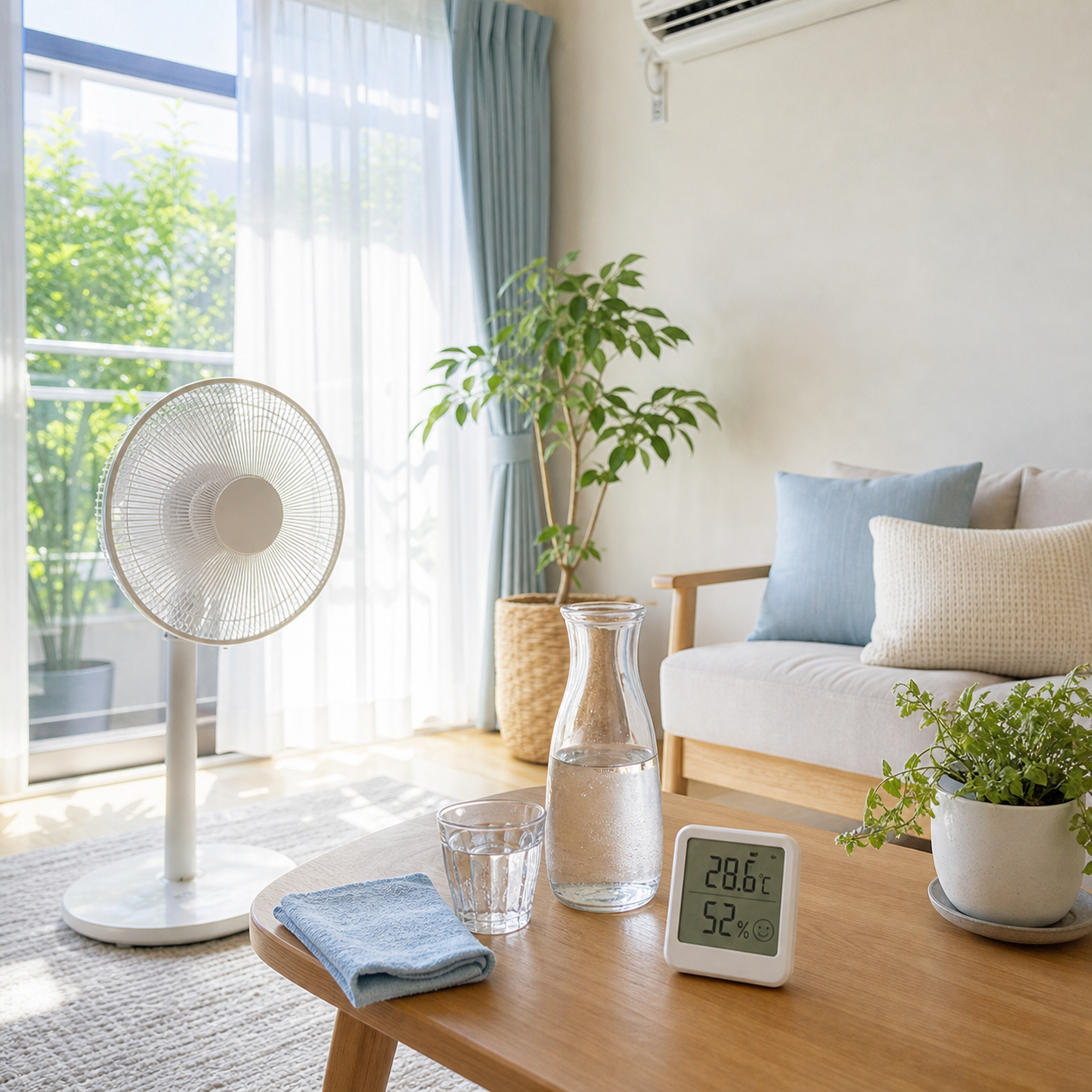 夏の室内でエアコンと水分を整えるイメージ