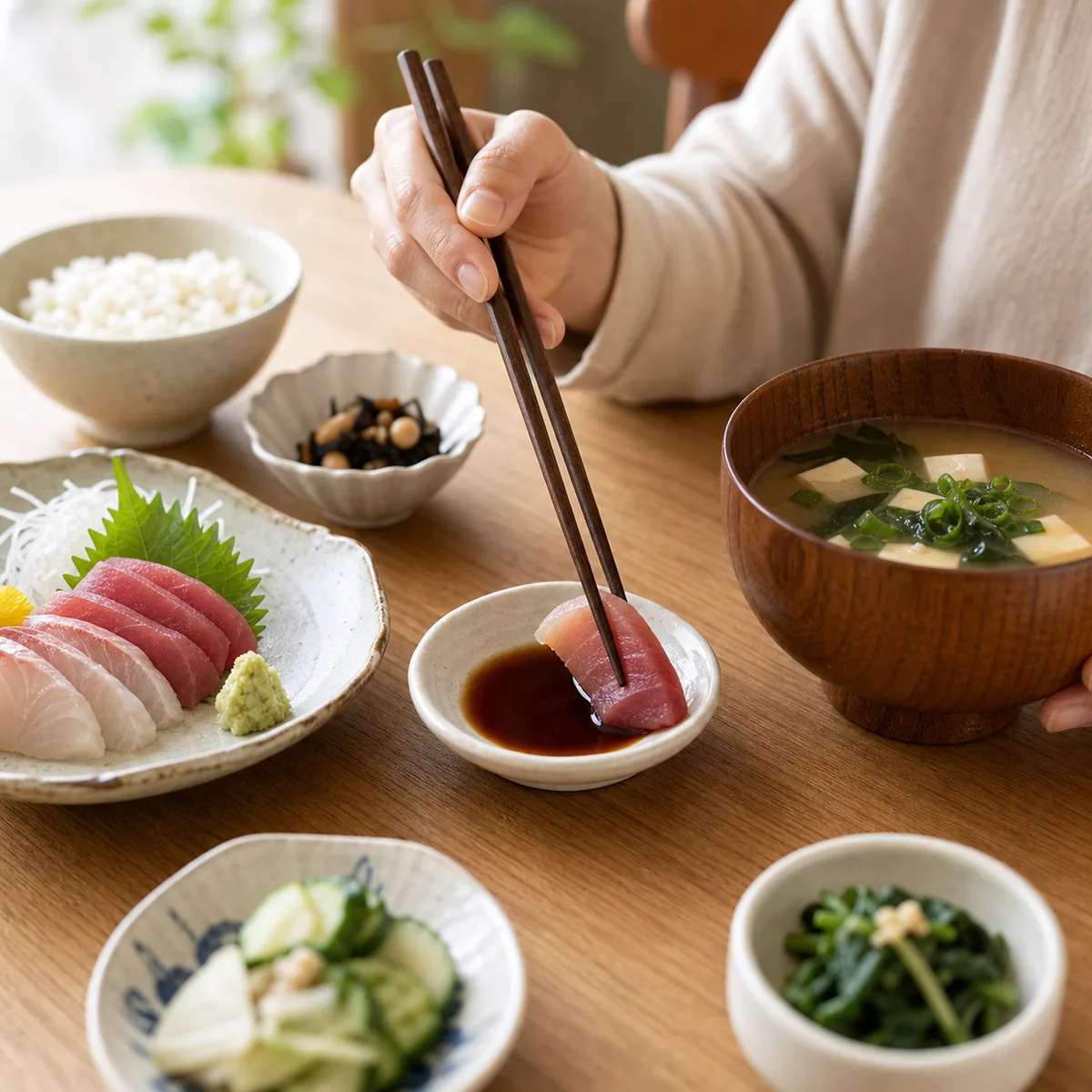 しょうゆを小皿に少量取り汁物を残す減塩のイメージ
