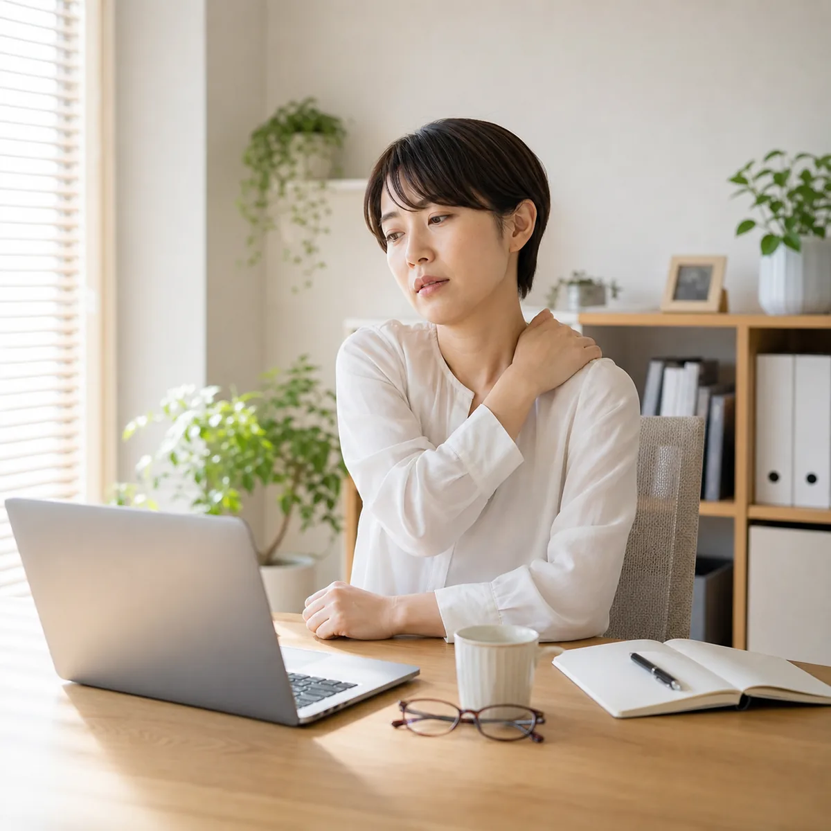 デスク作業の合間に疲れへ気づくイメージ