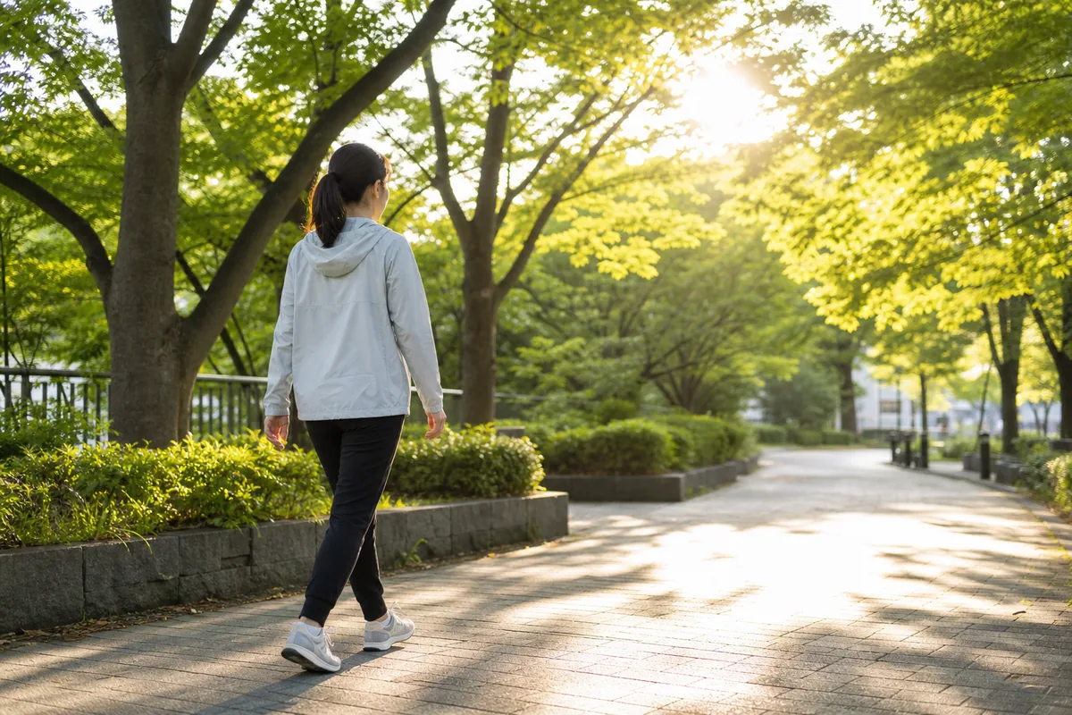 午前中の公園で日光を浴びながら軽く歩く様子