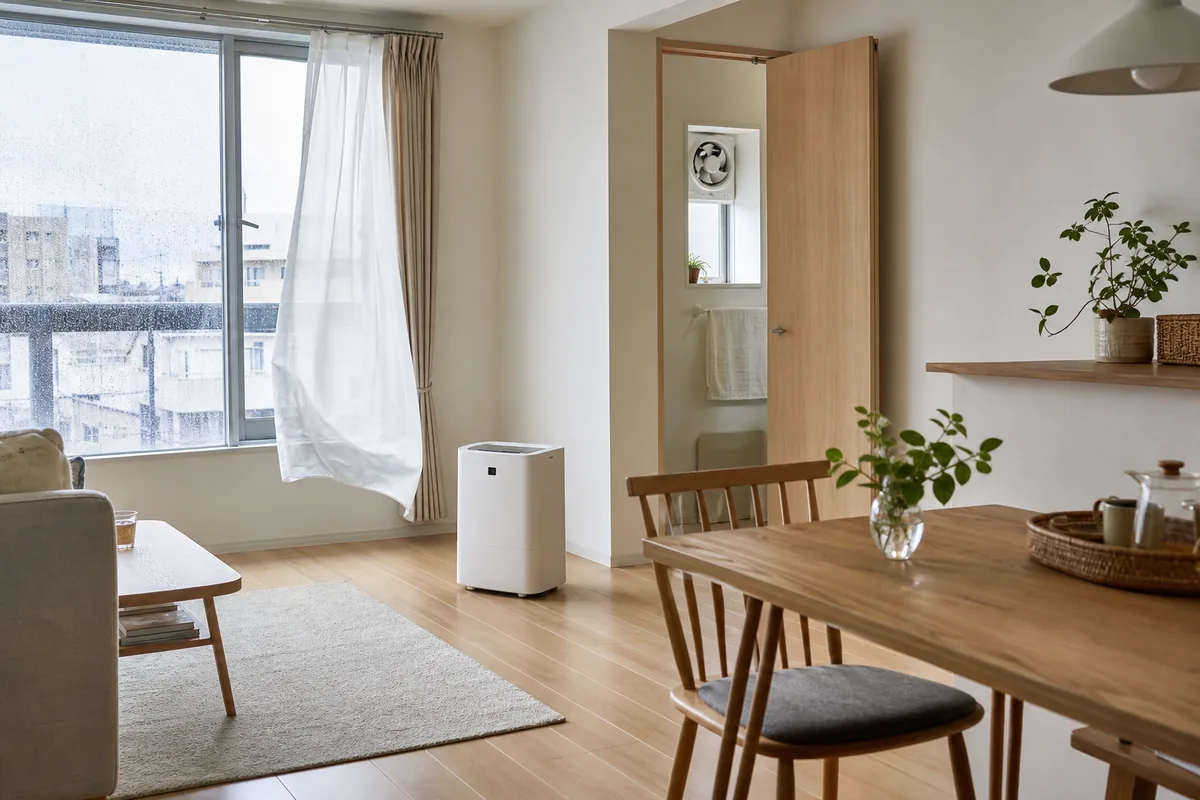窓と室内ドアを開けて空気の通り道を作った部屋