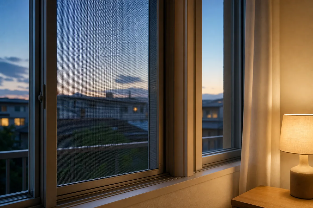 夏の夕方に網戸を閉めて換気している窓