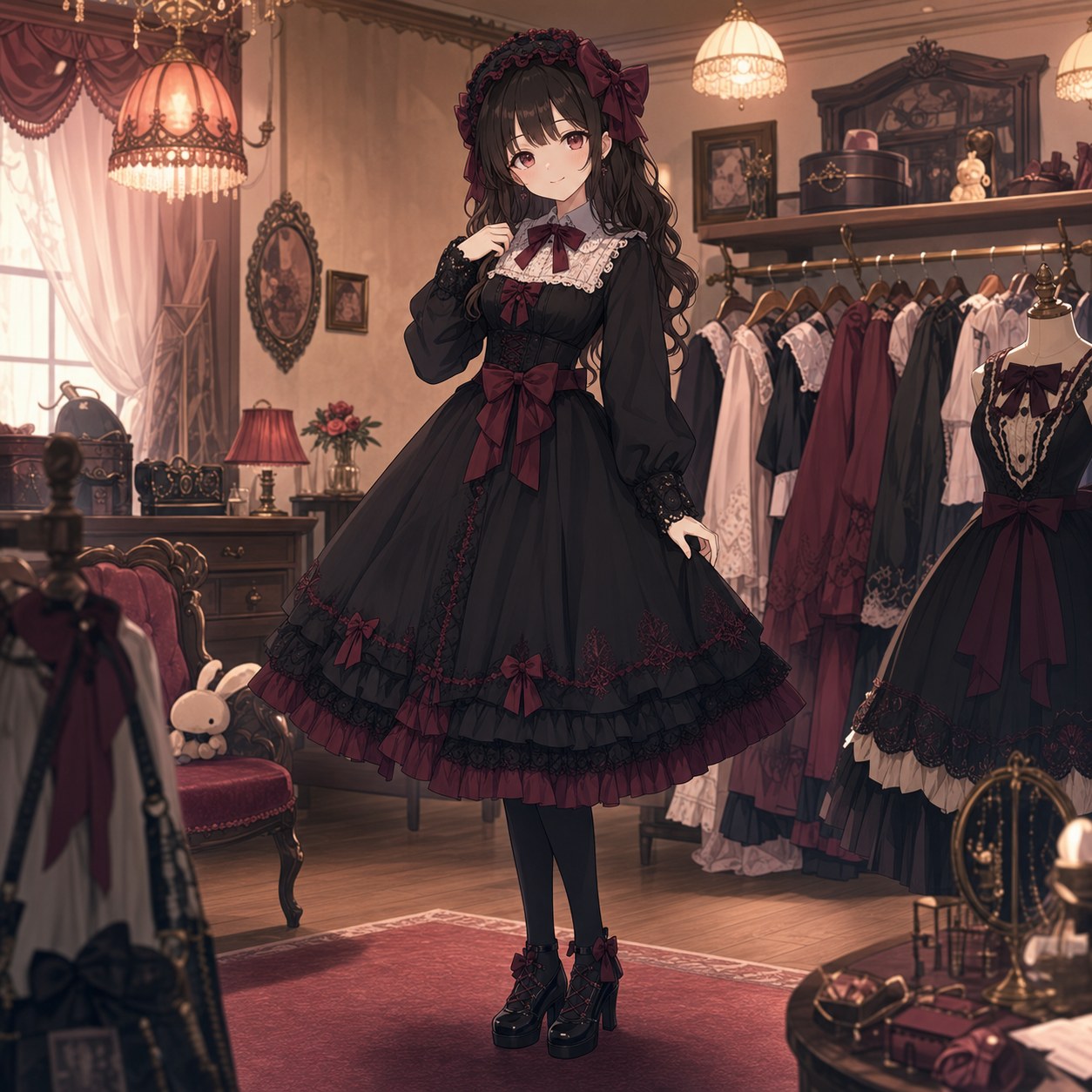 黒と深紅のスウィートゴスロリを着た若い成人女性のアニメ調全身コーデ