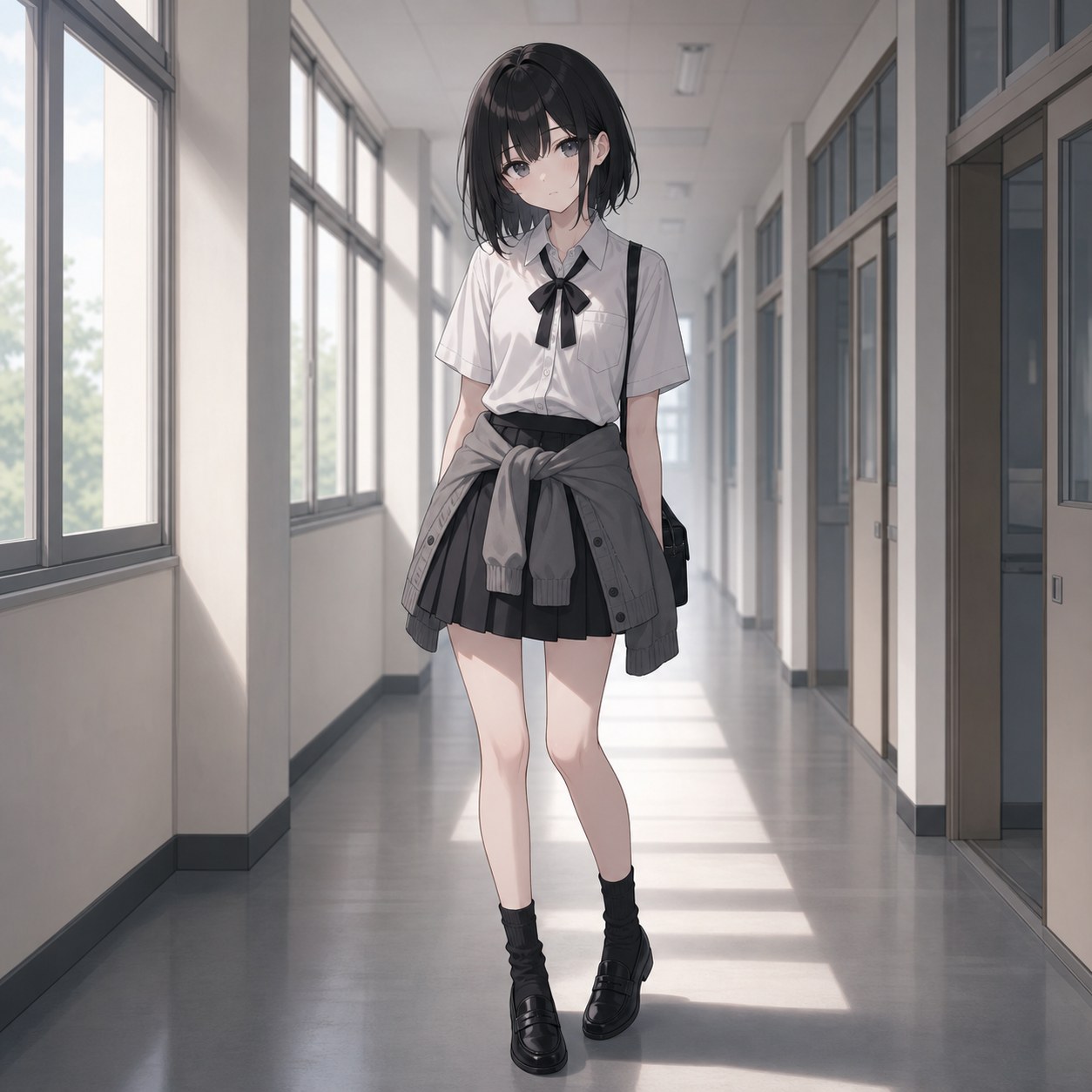白ブラウスと黒プリーツスカートのモノトーンコーデを着た少女