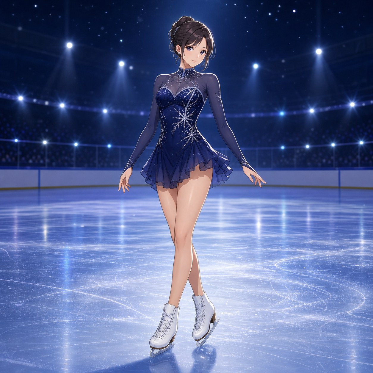 星空モチーフのネイビーのフィギュアスケート衣装のアニメ調イラスト