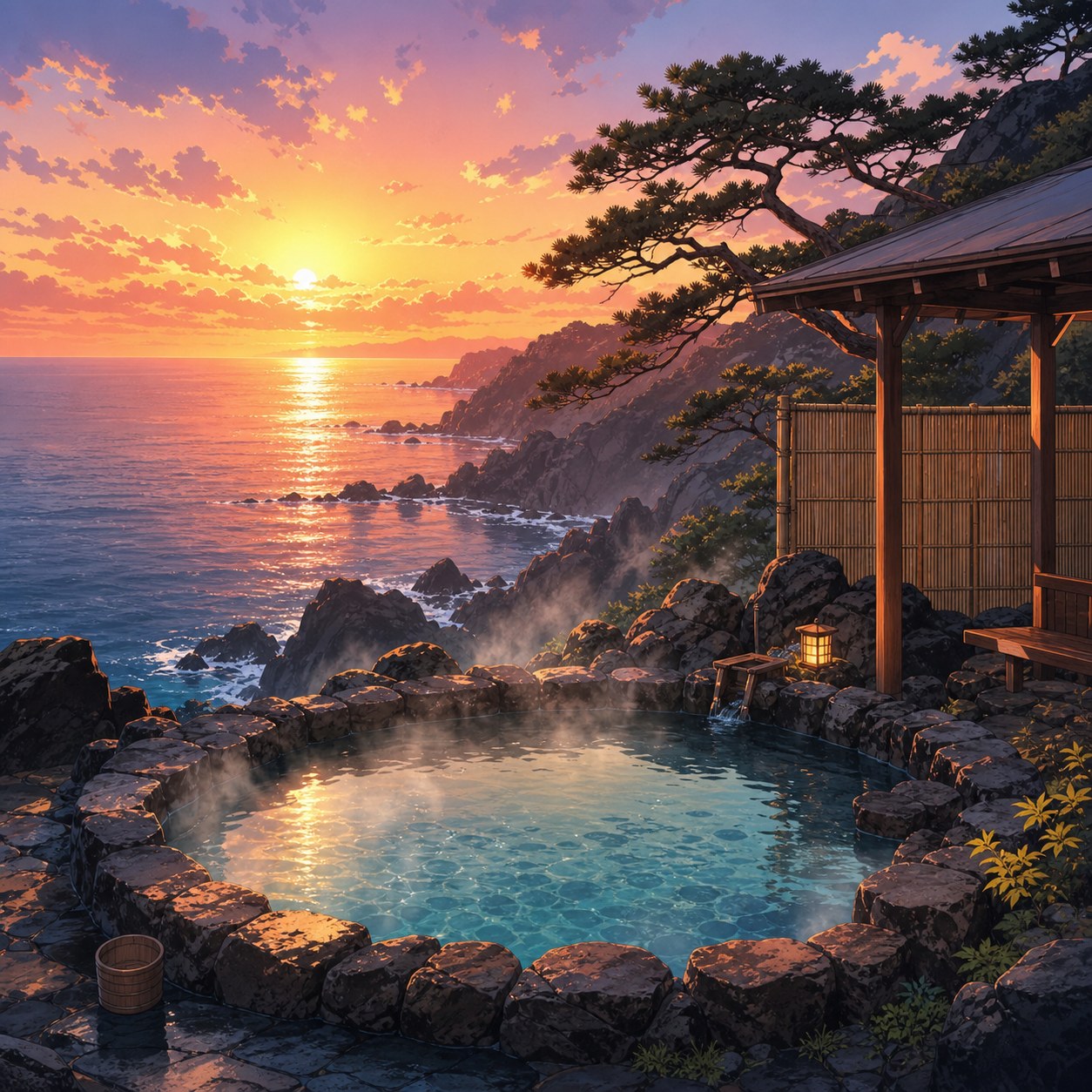 seaside cliff hot spring at sunset