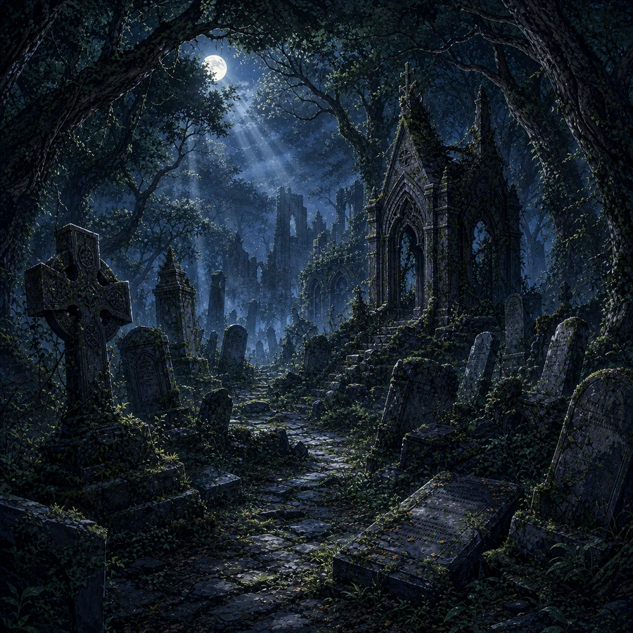 forest cemetery ruins
