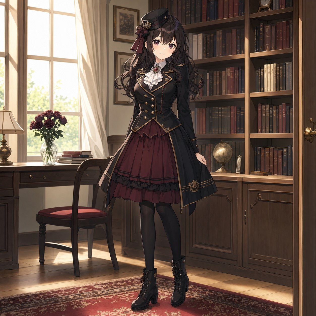 黒いジャケットと深紅のスカートの軍装ゴスロリを着た若い成人女性