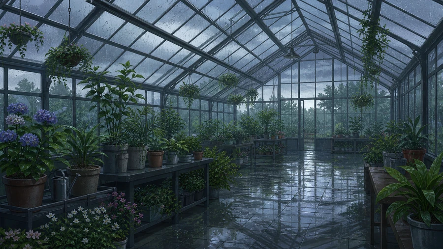 rainy greenhouse interior
