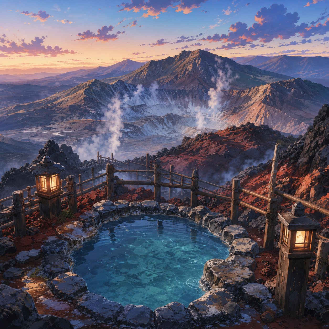 volcanic mountain hot spring at dawn