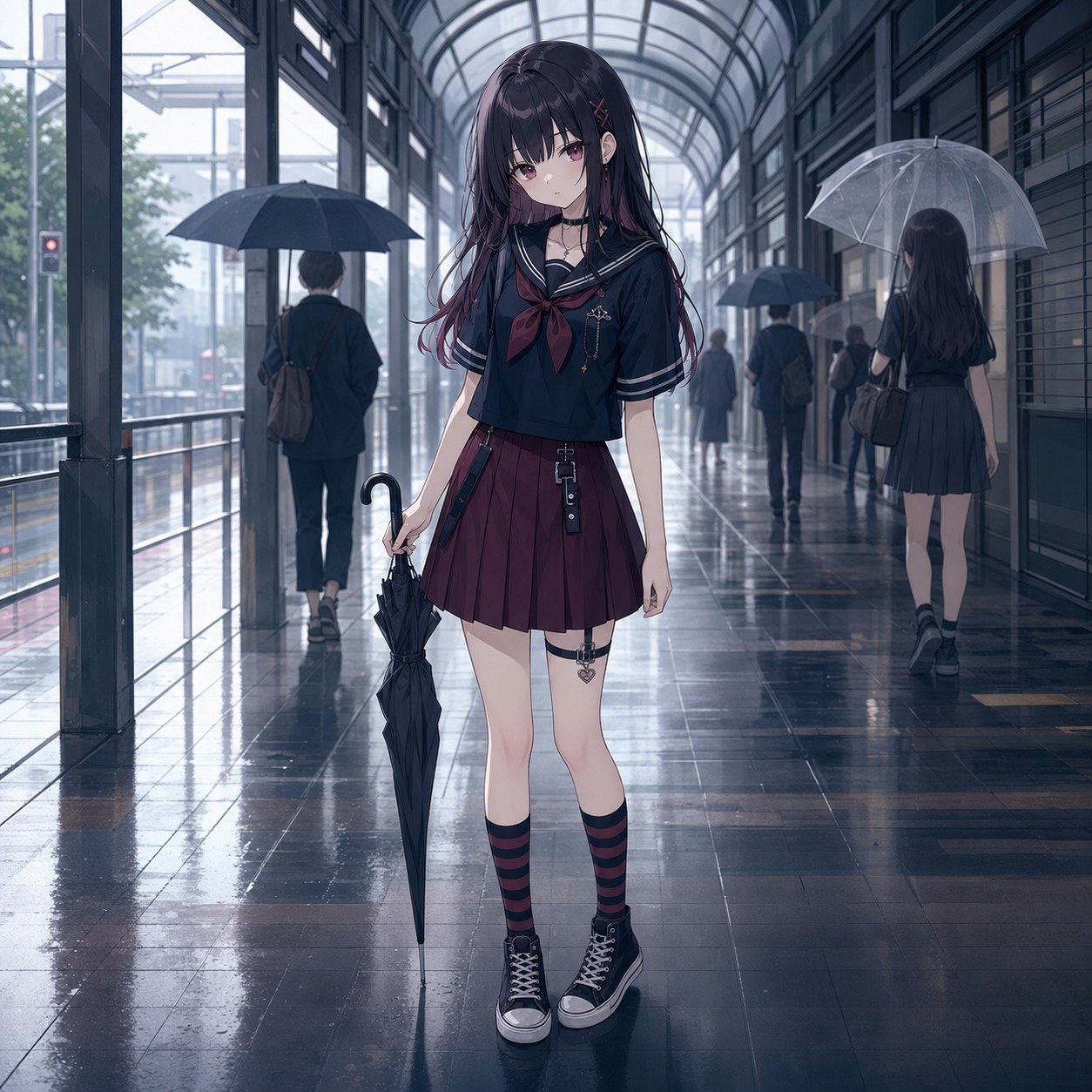セーラーカラーとボルドースカートのコーデを着た少女