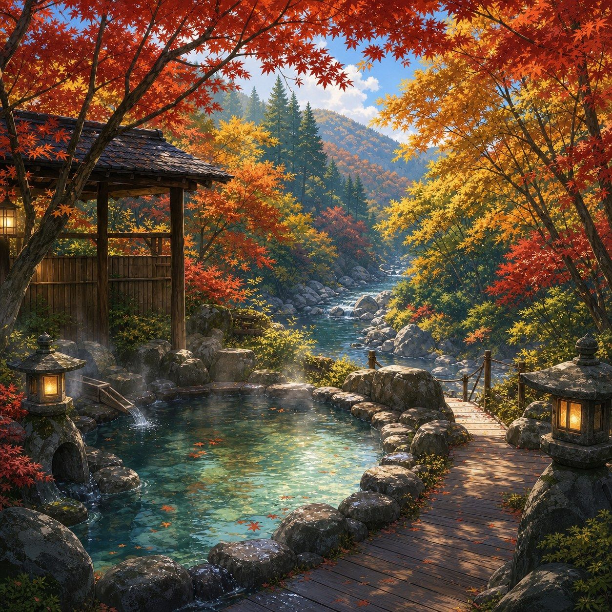 autumn maple stream hot spring