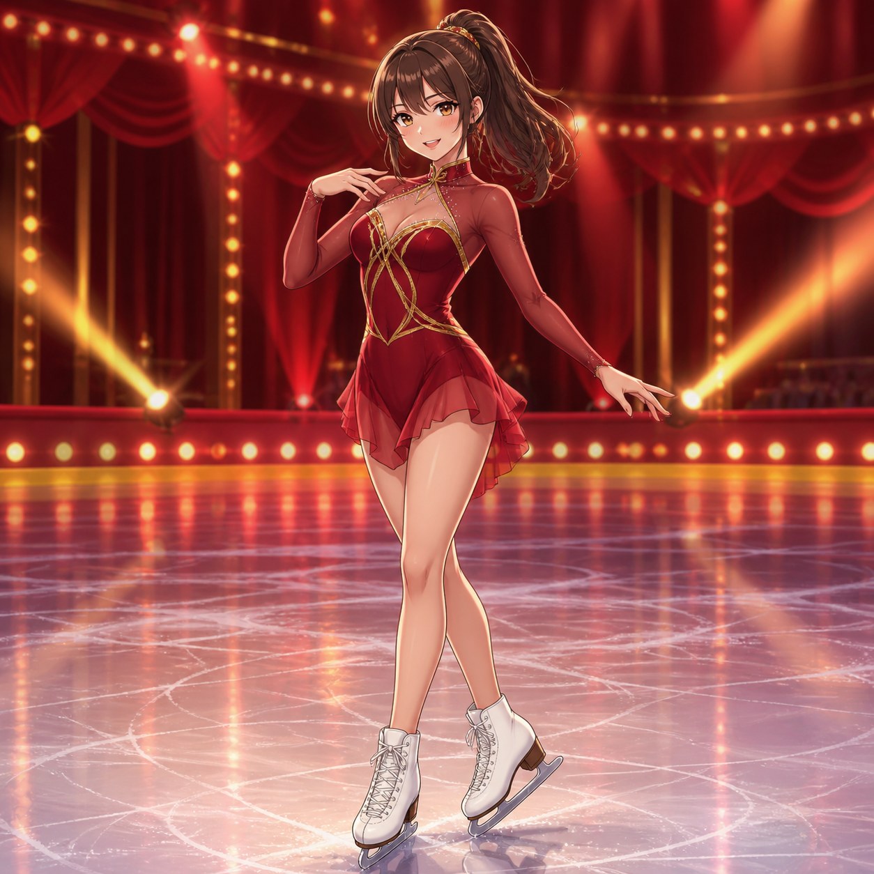 深紅と金のフィギュアスケート衣装のアニメ調イラスト