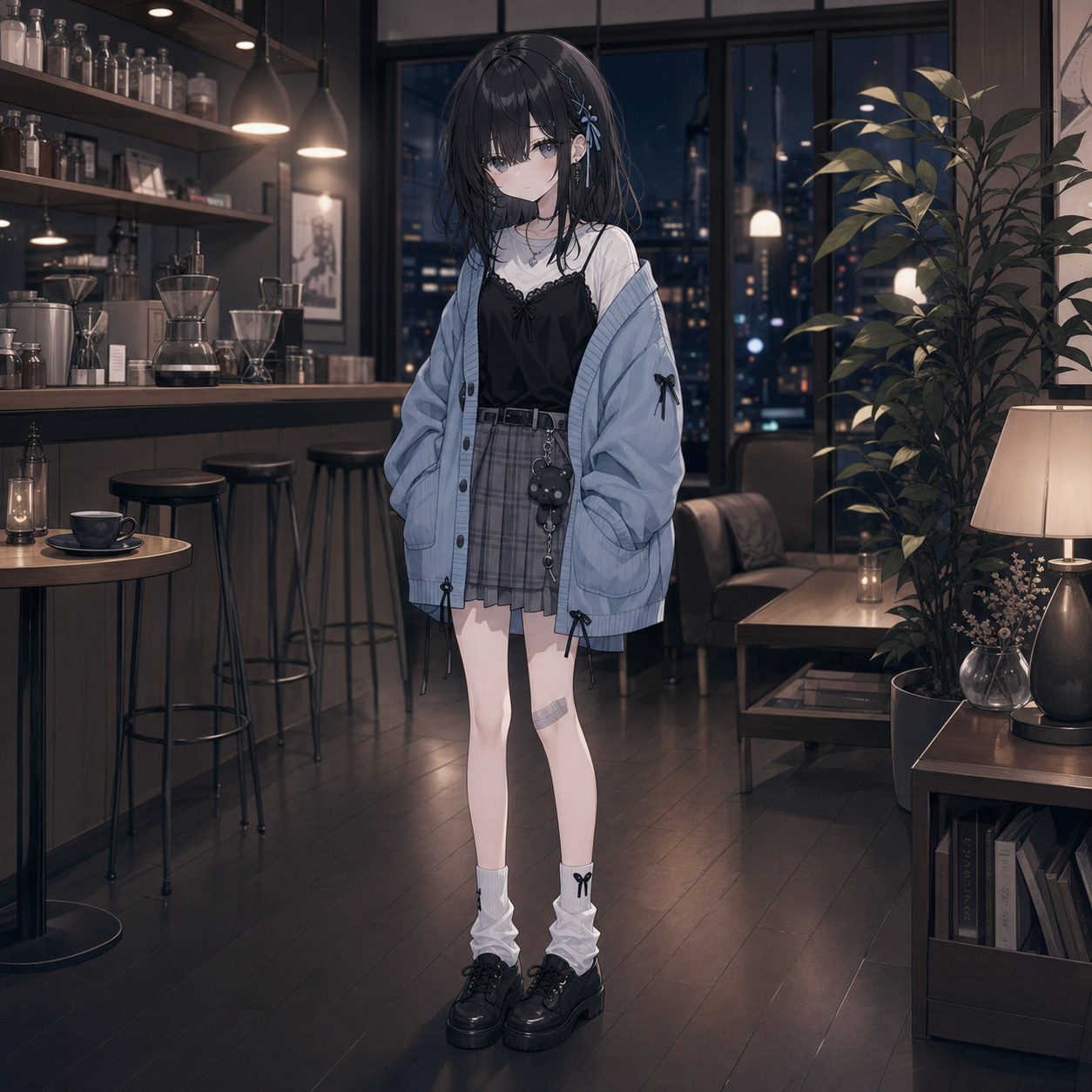大きめの水色カーディガンとチェック柄スカートの少女